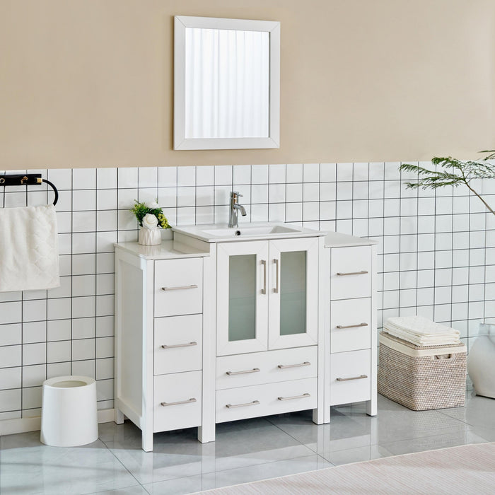 48" Single Sink Modern Bathroom Vanity Set with Ceramic Top & Free Mirror – Storage Cabinet with 2 Side Cabinets VA3024-48 - HomeBeyond
