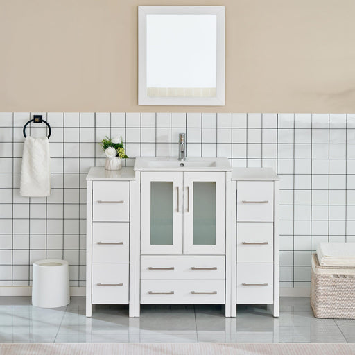 48" Single Sink Modern Bathroom Vanity Set with Ceramic Top & Free Mirror – Storage Cabinet with 2 Side Cabinets VA3024-48 - HomeBeyond