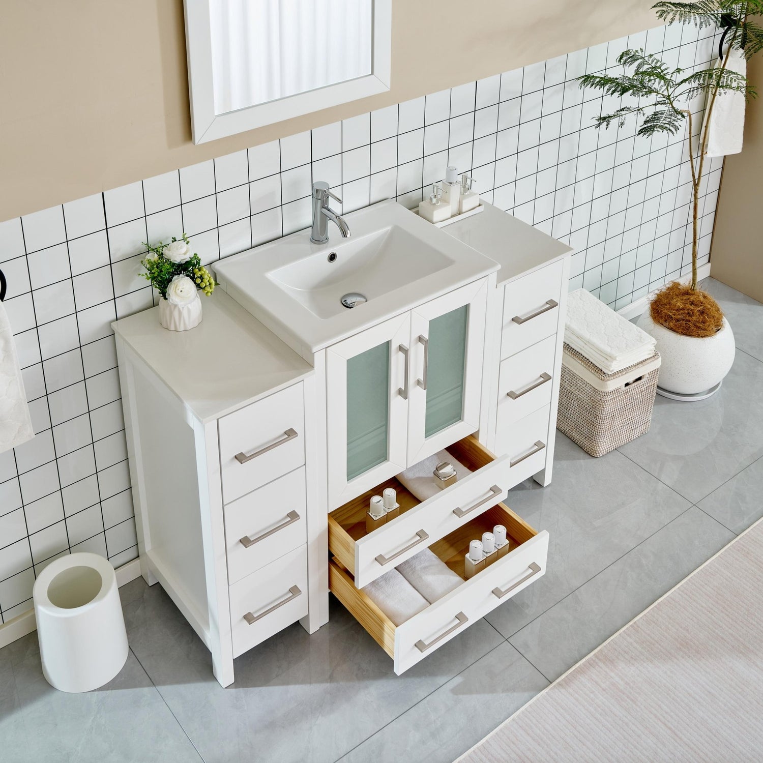 48" Single Sink Modern Bathroom Vanity Set with Ceramic Top & Free Mirror – Storage Cabinet with 2 Side Cabinets VA3024-48 - HomeBeyond