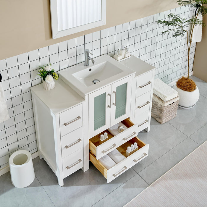 48" Single Sink Modern Bathroom Vanity Set with Ceramic Top & Free Mirror – Storage Cabinet with 2 Side Cabinets VA3024-48 - HomeBeyond