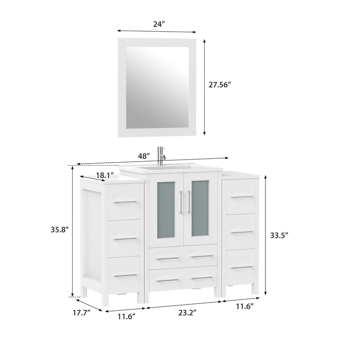 48" Single Sink Modern Bathroom Vanity Set with Ceramic Top & Free Mirror – Storage Cabinet with 2 Side Cabinets VA3024-48 - HomeBeyond