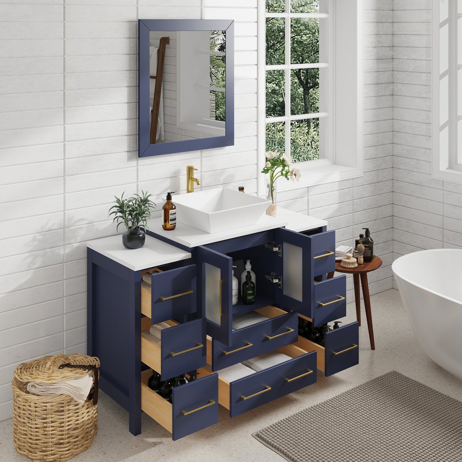 48" Single Sink Modern Bathroom Vanity Set with White Engineered Marble Top & Free Mirror – Storage Cabinet with 8 Drawers VA3124-48 - HomeBeyond