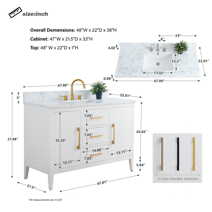 48" Single Sink Modern Freestanding Bathroom Vanity Set with Arabescato White Engineered Marble Top – Storage Cabinet with Soft-Closing Doors & Drawers VA9048 - HomeBeyond
