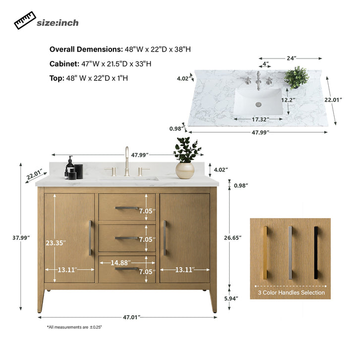 48" Single Sink Modern Freestanding Bathroom Vanity Set with Arabescato White Engineered Marble Top – Storage Cabinet with Soft-Closing Doors & Drawers VA9048 - HomeBeyond