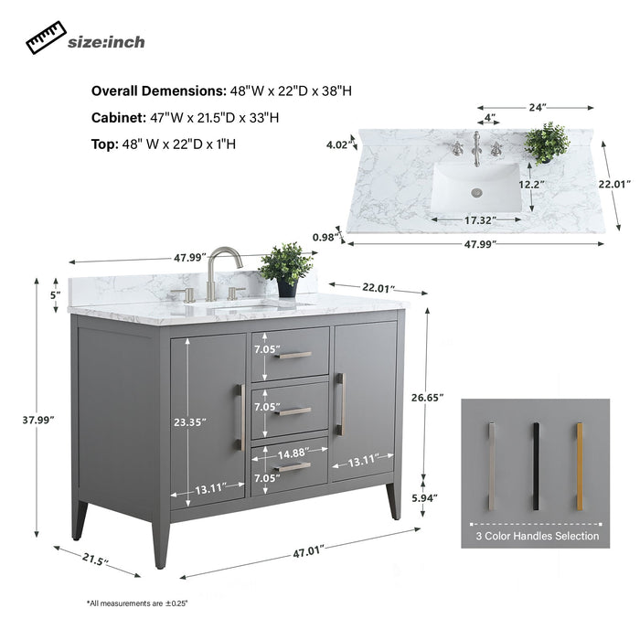 48" Single Sink Modern Freestanding Bathroom Vanity Set with Arabescato White Engineered Marble Top – Storage Cabinet with Soft-Closing Doors & Drawers VA9048 - HomeBeyond