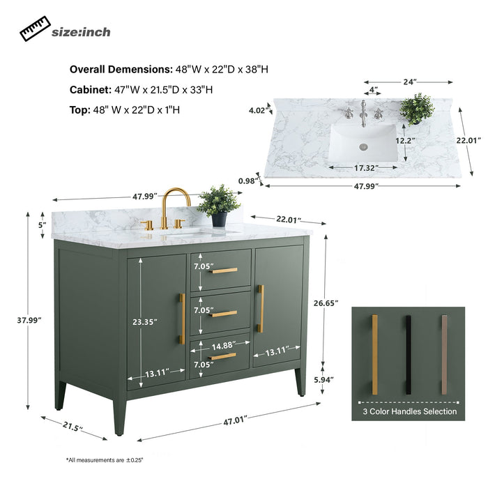 48" Single Sink Modern Freestanding Bathroom Vanity Set with Arabescato White Engineered Marble Top – Storage Cabinet with Soft-Closing Doors & Drawers VA9048 - HomeBeyond