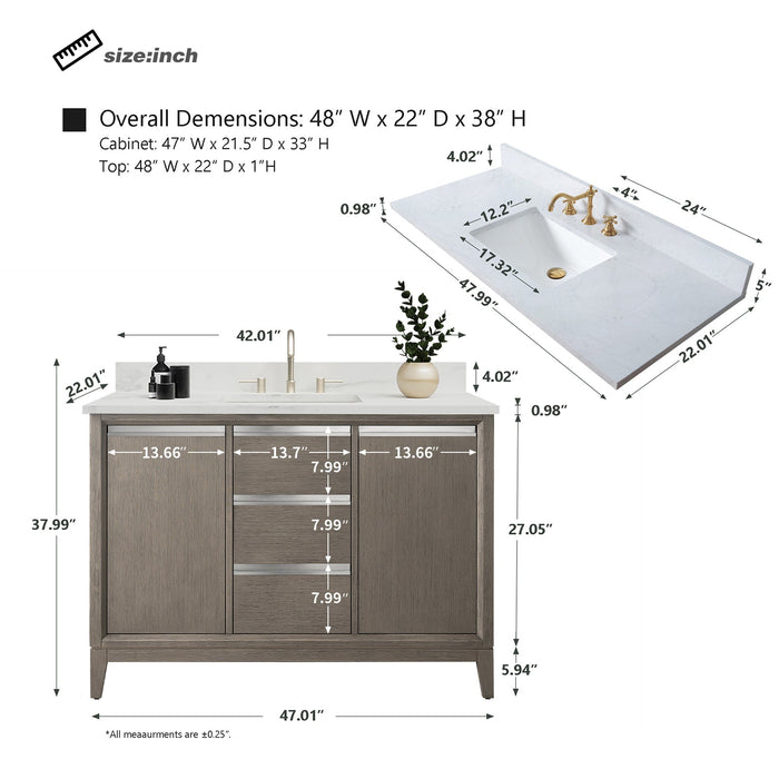 48" Single Sink Modern Freestanding Solid Wood Bathroom Vanity Set with Ariston White Engineered Marble Top – Storage Cabinet with Soft-Closing Drawers VA8048 - HomeBeyond
