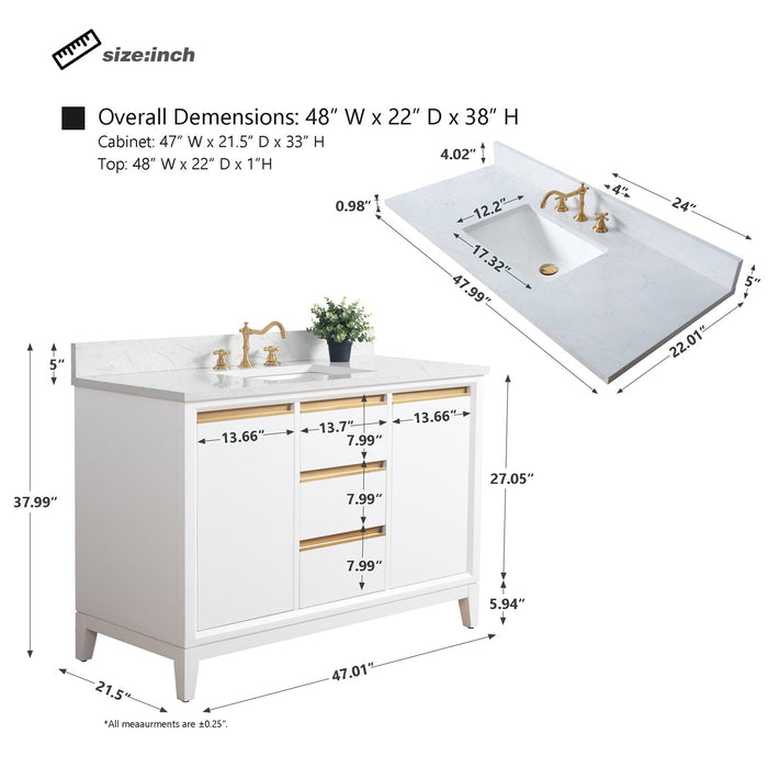 48" Single Sink Modern Freestanding Solid Wood Bathroom Vanity Set with Ariston White Engineered Marble Top – Storage Cabinet with Soft-Closing Drawers VA8048 - HomeBeyond