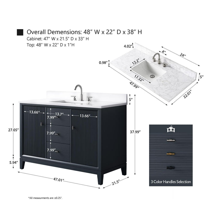 48" Single Sink Modern Freestanding Solid Wood Bathroom Vanity Set with White Engineered Marble Top – Storage Cabinet with Soft-Closing Doors & Drawers VA8148 - HomeBeyond