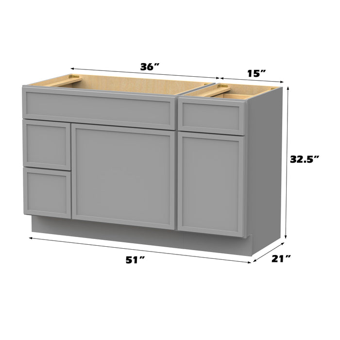 51" Modern Freestanding Birch & Plywood Bathroom Vanity Base Only – Shaker Style Storage Cabinet with 3 Drawers & 2 Soft-Closing Doors VA41362L-151 - HomeBeyond