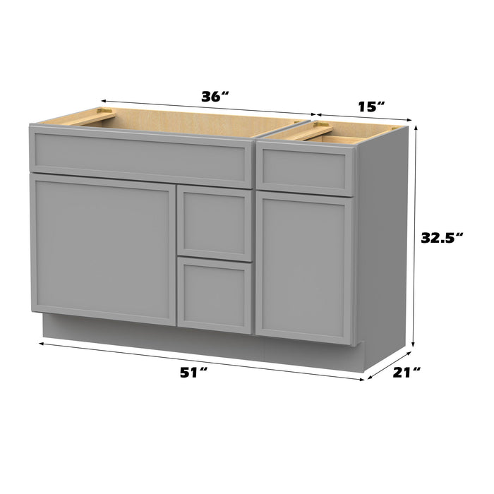 51" Modern Freestanding Birch & Plywood Bathroom Vanity Base Only – Shaker Style Storage Cabinet with 3 Drawers & 2 Soft-Closing Doors VA41362R-151 - HomeBeyond