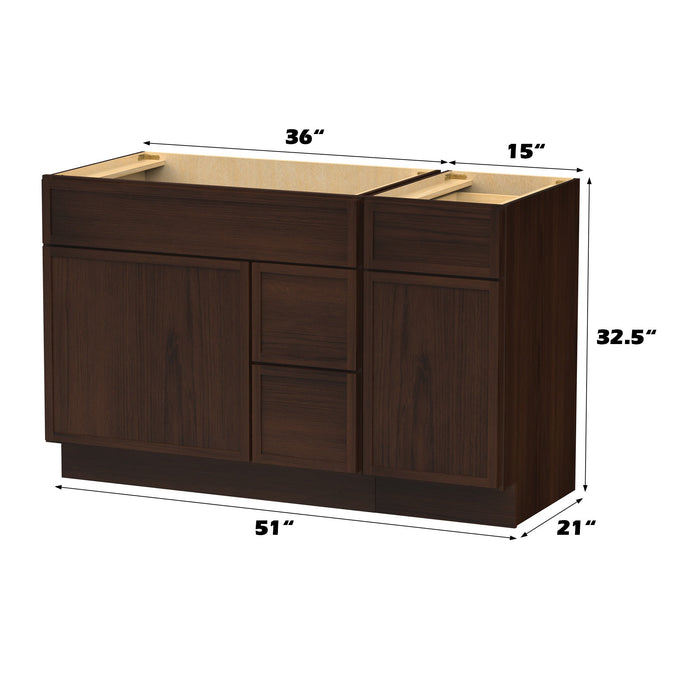 51" Modern Freestanding Birch & Plywood Bathroom Vanity Base Only – Shaker Style Storage Cabinet with 3 Drawers & 2 Soft-Closing Doors VA41362R-151 - HomeBeyond