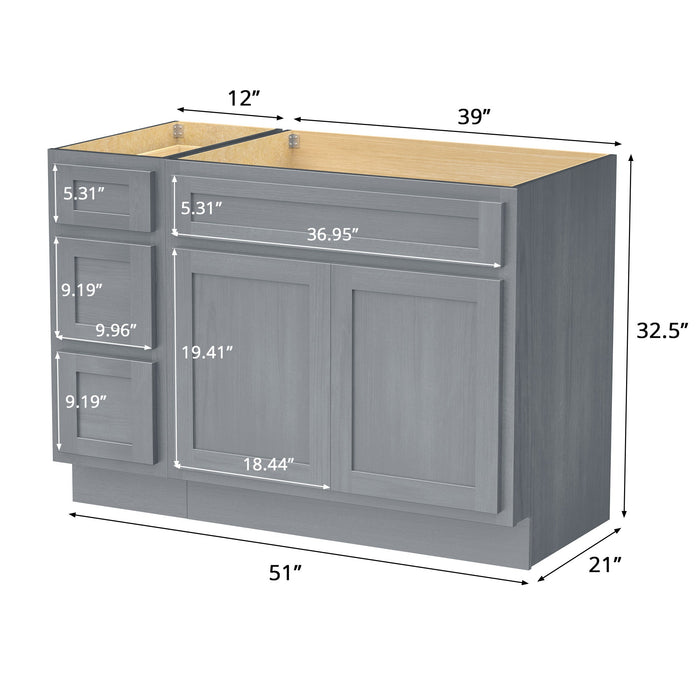 51" Modern Freestanding Oak Plywood Bathroom Vanity Base Only – Shaker Style Storage Cabinet with 3 Drawers & 2 Soft-Closing Doors VA40123-39 - HomeBeyond
