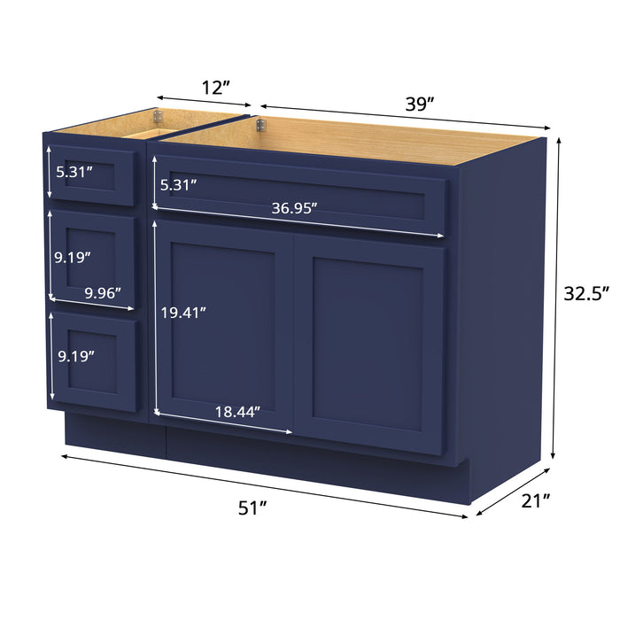 51" Modern Freestanding Oak Plywood Bathroom Vanity Base Only – Shaker Style Storage Cabinet with 3 Drawers & 2 Soft-Closing Doors VA40123-39 - HomeBeyond