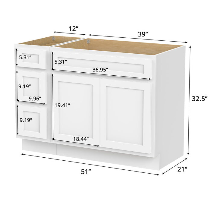 51" Modern Freestanding Oak Plywood Bathroom Vanity Base Only – Shaker Style Storage Cabinet with 3 Drawers & 2 Soft-Closing Doors VA40123-39 - HomeBeyond