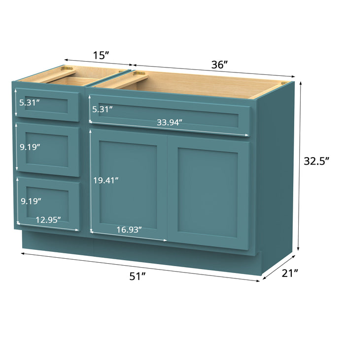 51" Modern Freestanding Oak Plywood Bathroom Vanity Base Only – Shaker Style Storage Cabinet with 3 Drawers & 2 Soft-Closing Doors VA40153-36 - HomeBeyond
