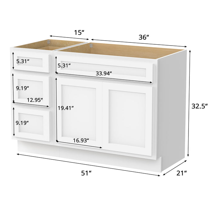 51" Modern Freestanding Oak Plywood Bathroom Vanity Base Only – Shaker Style Storage Cabinet with 3 Drawers & 2 Soft-Closing Doors VA40153-36 - HomeBeyond