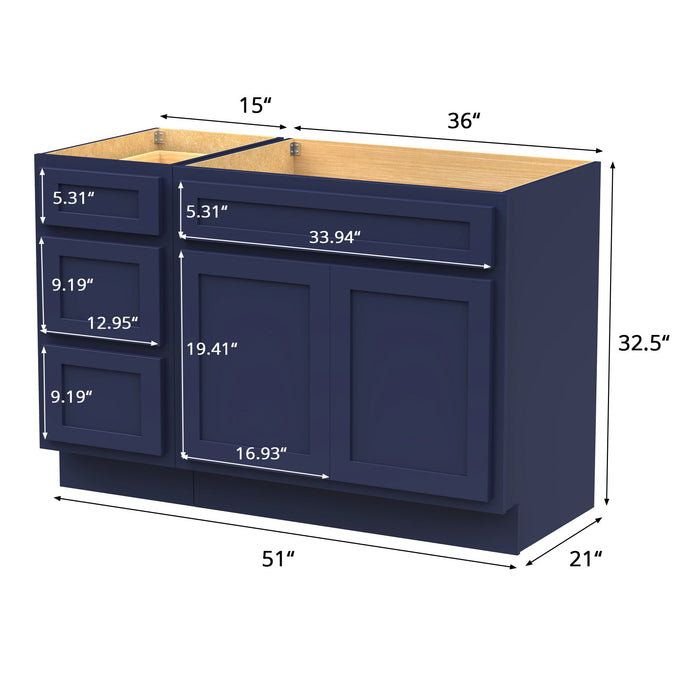 51" Modern Freestanding Oak Plywood Bathroom Vanity Base Only – Shaker Style Storage Cabinet with 3 Drawers & 2 Soft-Closing Doors VA40153-36 - HomeBeyond