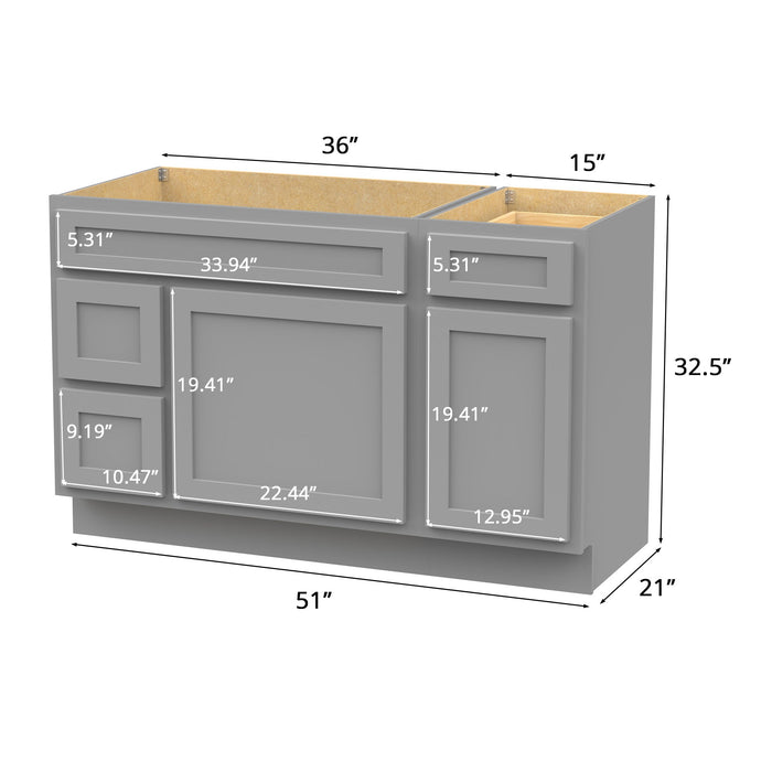 51" Modern Freestanding Oak Plywood Bathroom Vanity Base Only – Shaker Style Storage Cabinet with 3 Drawers & 2 Soft-Closing Doors VA40362L-151 - HomeBeyond