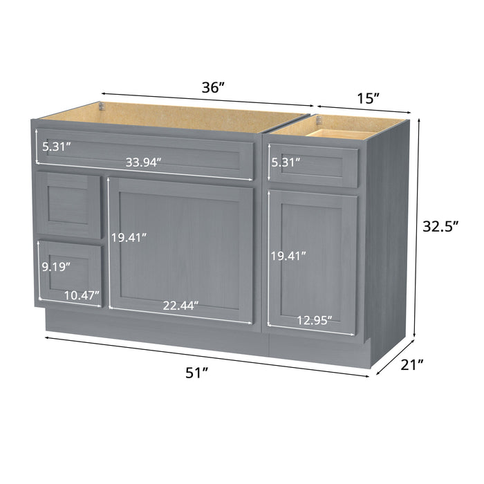 51" Modern Freestanding Oak Plywood Bathroom Vanity Base Only – Shaker Style Storage Cabinet with 3 Drawers & 2 Soft-Closing Doors VA40362L-151 - HomeBeyond