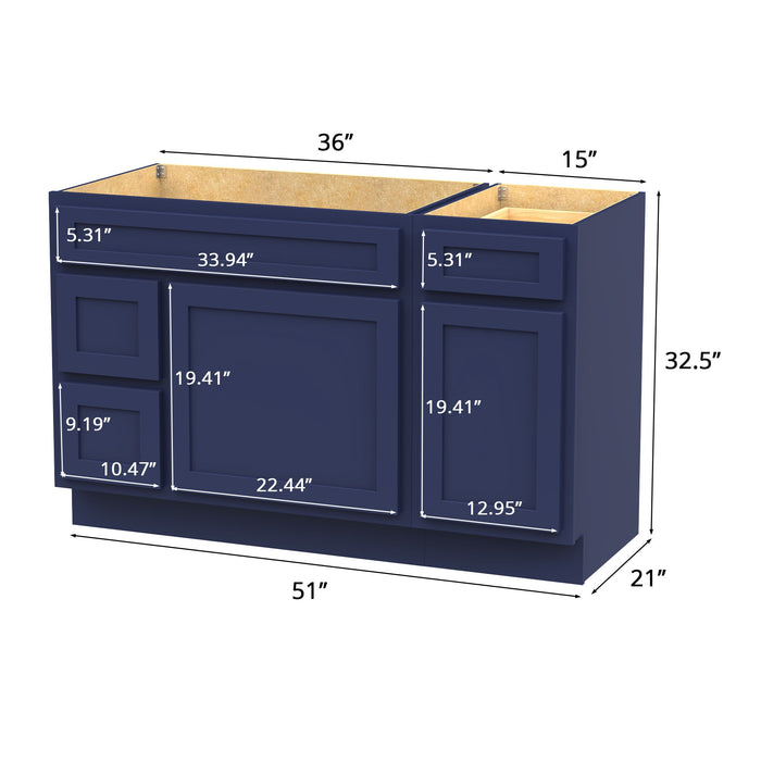 51" Modern Freestanding Oak Plywood Bathroom Vanity Base Only – Shaker Style Storage Cabinet with 3 Drawers & 2 Soft-Closing Doors VA40362L-151 - HomeBeyond