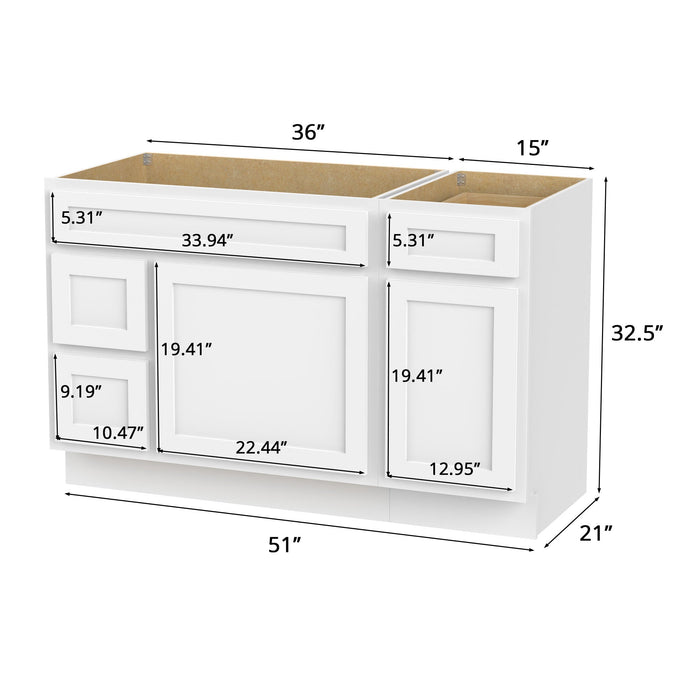 51" Modern Freestanding Oak Plywood Bathroom Vanity Base Only – Shaker Style Storage Cabinet with 3 Drawers & 2 Soft-Closing Doors VA40362L-151 - HomeBeyond