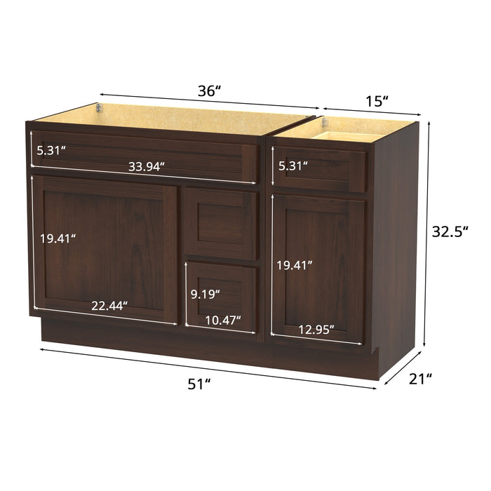 51" Modern Freestanding Oak Plywood Bathroom Vanity Base Only – Shaker Style Storage Cabinet with 3 Drawers & 2 Soft-Closing Doors VA40362R-151 - HomeBeyond