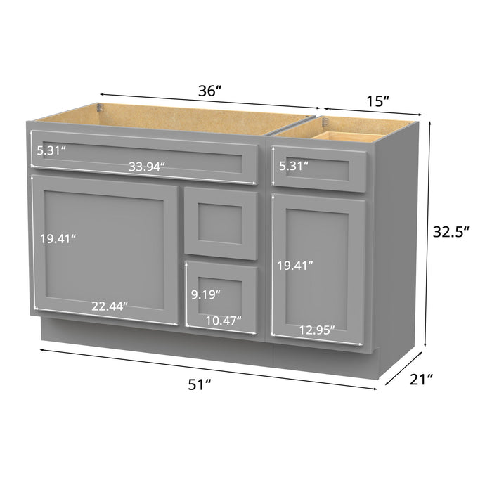 51" Modern Freestanding Oak Plywood Bathroom Vanity Base Only – Shaker Style Storage Cabinet with 3 Drawers & 2 Soft-Closing Doors VA40362R-151 - HomeBeyond
