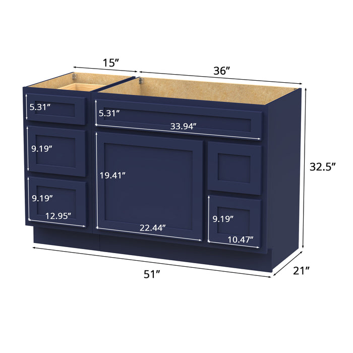 51" Modern Freestanding Oak Plywood Bathroom Vanity Base Only – Shaker Style Storage Cabinet with 5 Drawers & 1 Soft-Closing Door VA40153-362R - HomeBeyond