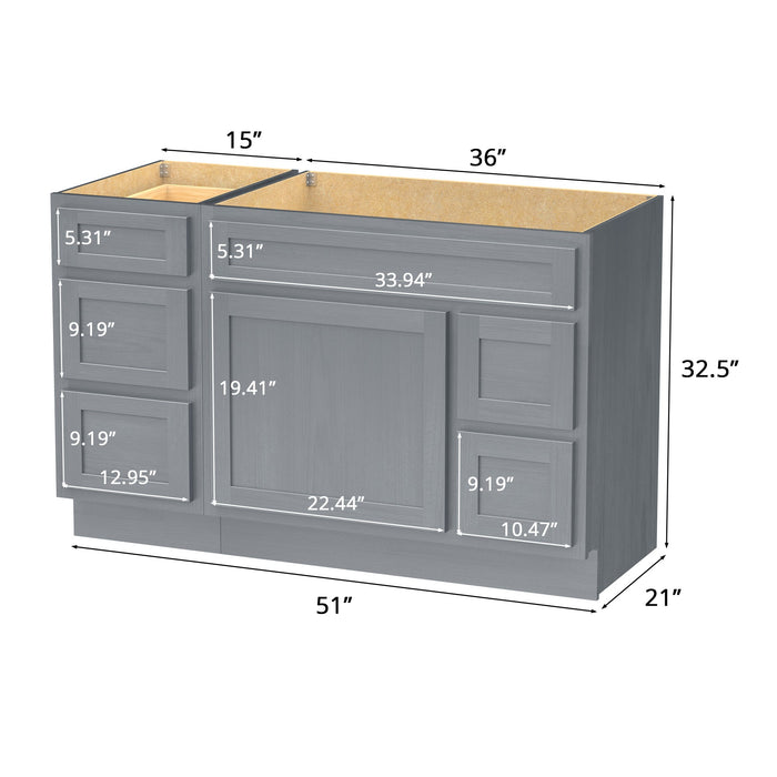 51" Modern Freestanding Oak Plywood Bathroom Vanity Base Only – Shaker Style Storage Cabinet with 5 Drawers & 1 Soft-Closing Door VA40153-362R - HomeBeyond