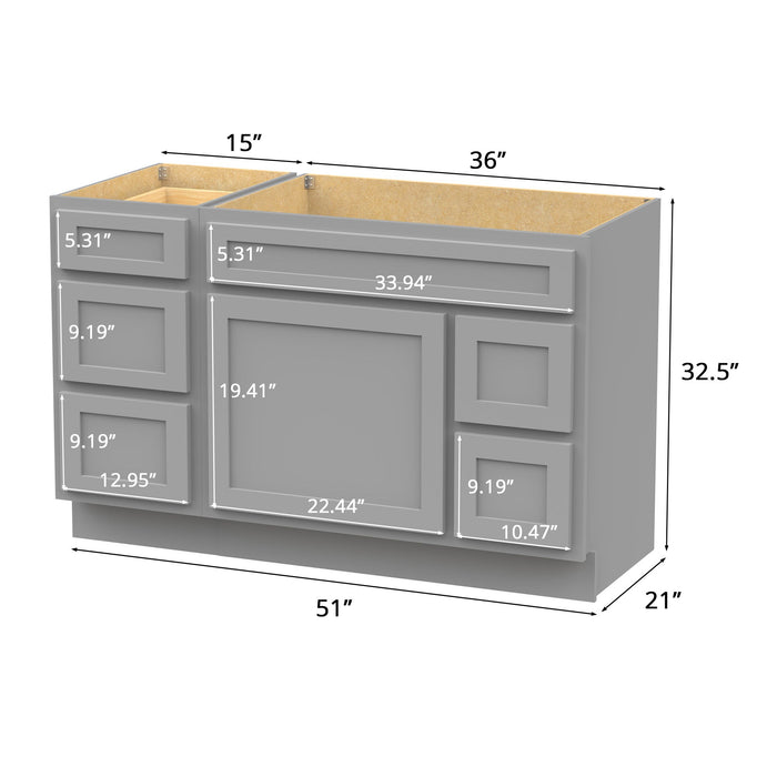 51" Modern Freestanding Oak Plywood Bathroom Vanity Base Only – Shaker Style Storage Cabinet with 5 Drawers & 1 Soft-Closing Door VA40153-362R - HomeBeyond