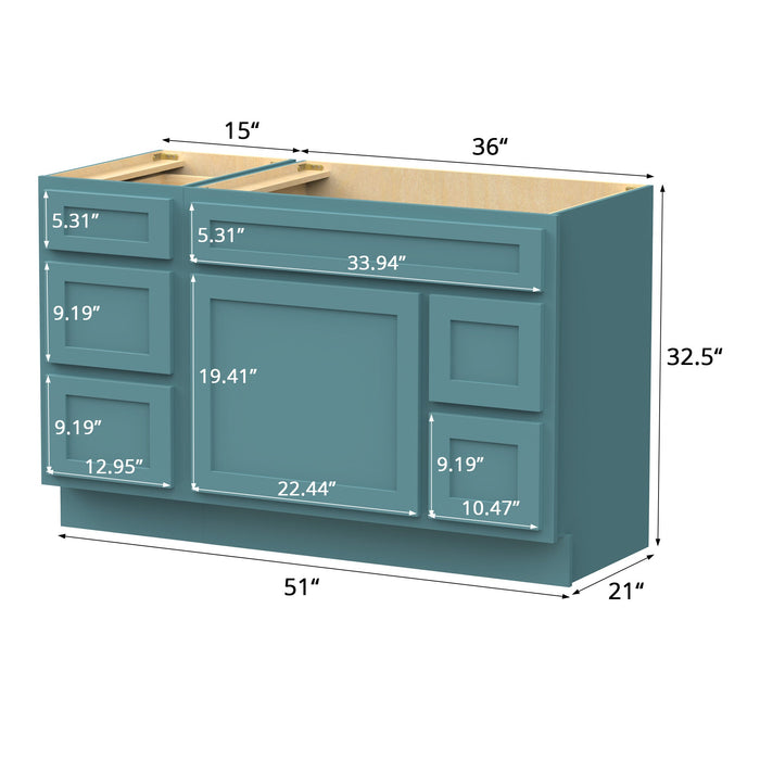 51" Modern Freestanding Oak Plywood Bathroom Vanity Base Only – Shaker Style Storage Cabinet with 5 Drawers & 1 Soft-Closing Door VA40153-362R - HomeBeyond