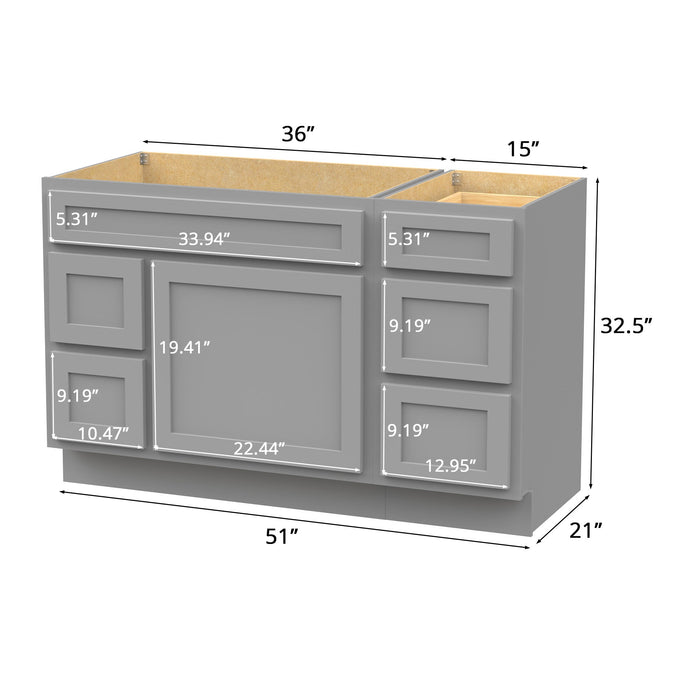 51" Modern Freestanding Oak Plywood Bathroom Vanity Base Only – Shaker Style Storage Cabinet with 5 Drawers & 1 Soft-Closing Door VA40362L-153 - HomeBeyond