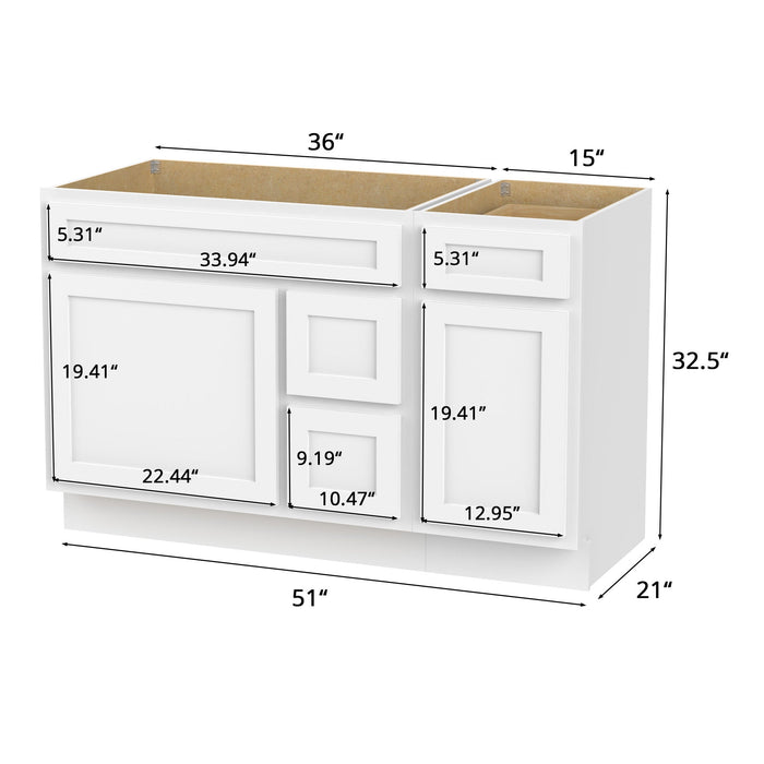 51" Oak Bathroom Vanity Cabinet without Top - 3 Drawers & 2 Doors - HomeBeyond