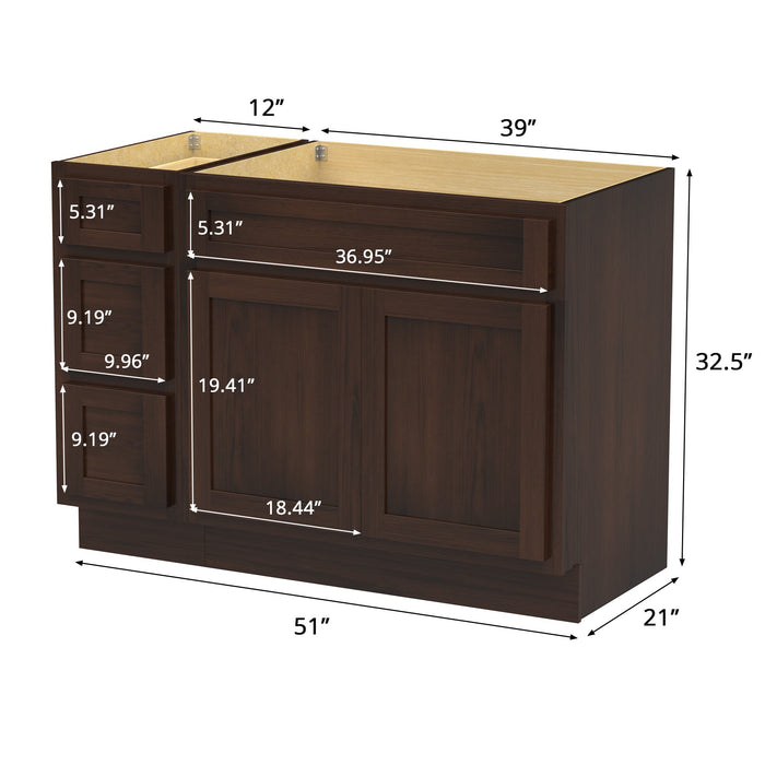 51" Oak Bathroom Vanity Cabinet without Top - 3 Drawers & 2 Doors - HomeBeyond