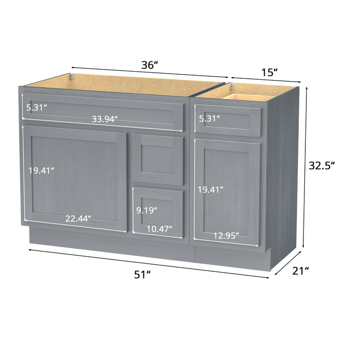 51" Oak Bathroom Vanity Cabinet without Top - 3 Drawers & 2 Doors - HomeBeyond