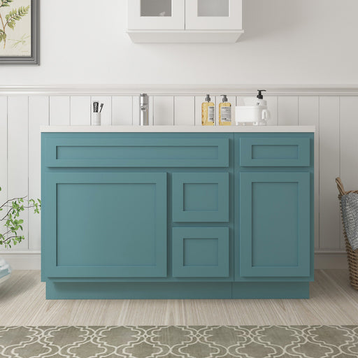 51-inch teal green bathroom vanity cabinet front view with two doors and center drawers in white bathroom
