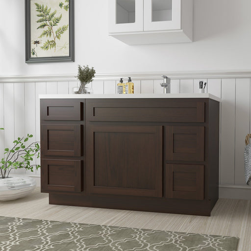 51-inch dark brown bathroom vanity cabinet without top, angled view showing rich wood grain texture