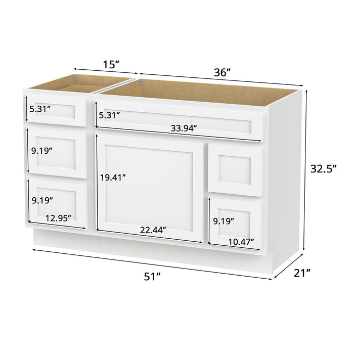 51" Oak Bathroom Vanity Cabinet without Top - 5 Drawers & 1 Door - HomeBeyond