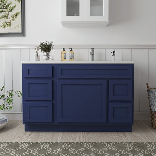 51-inch navy blue bathroom vanity cabinet without top, front view with closed drawers in bright bathroom
