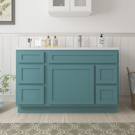 51-inch teal bathroom vanity cabinet without top, front view with closed drawers in styled bathroom