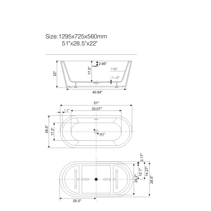 51" x 29" Modern Freestanding Acrylic Soaking Bathtub Glossy White Extra Extra Small Soaker Tub Center Drain VA6815-XXS