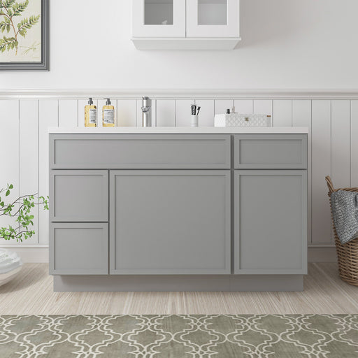 51-inch light gray bathroom vanity cabinet with 3 drawers and 2 doors, front view in bathroom setting