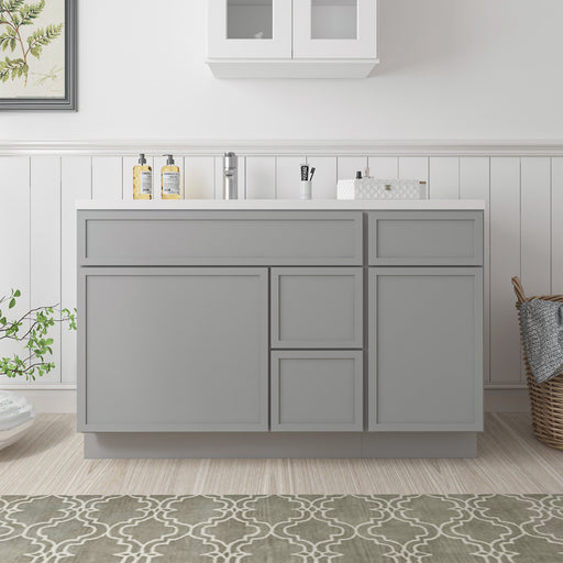 51-inch light gray bathroom vanity cabinet without top, front view in bathroom setting