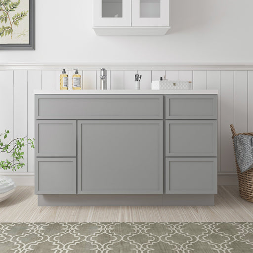 51-inch gray bathroom vanity cabinet with 5 drawers and 1 door, front view in bathroom setting