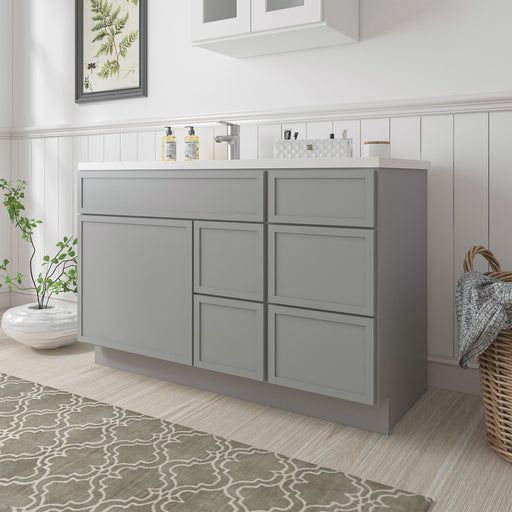 Gray 51-inch shaker bathroom vanity cabinet angled view showing 4 right-side drawers and sink area