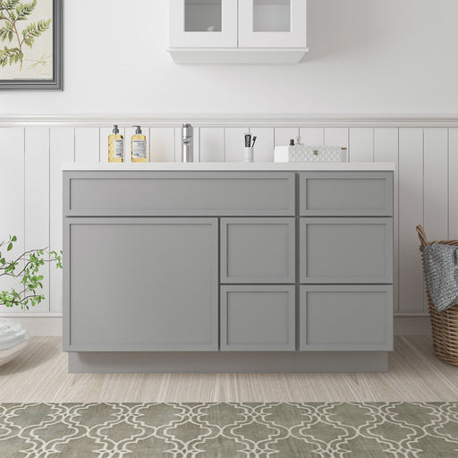 Gray 51-inch bathroom vanity cabinet front view in white bathroom with wicker basket accent