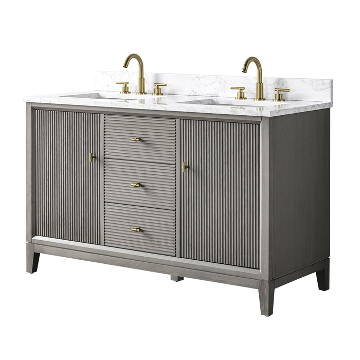 54" Double Sink Freestanding Bath Vanity Cabinet with White Engineered Marble Top - HomeBeyond