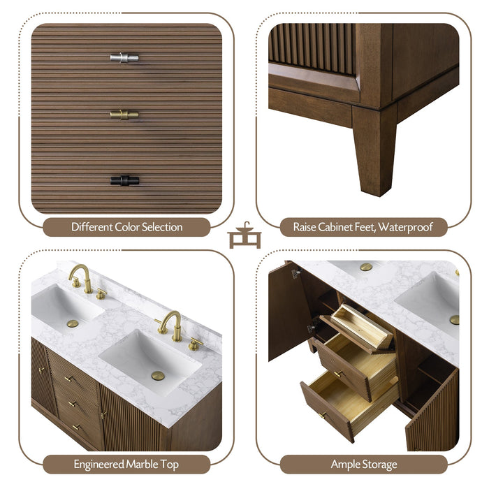 54" Double Sink Freestanding Bath Vanity Cabinet with White Engineered Marble Top - HomeBeyond