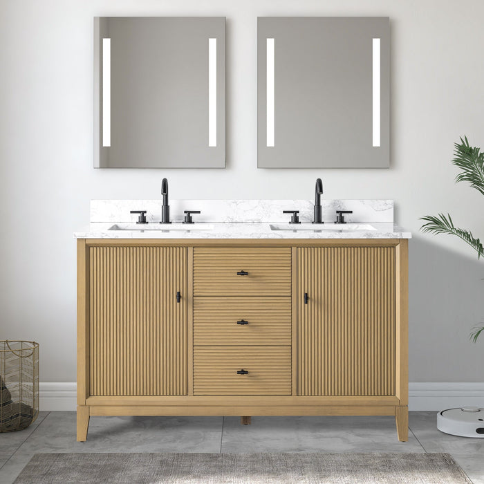 54" Double Sink Freestanding Bath Vanity Cabinet with White Engineered Marble Top - HomeBeyond